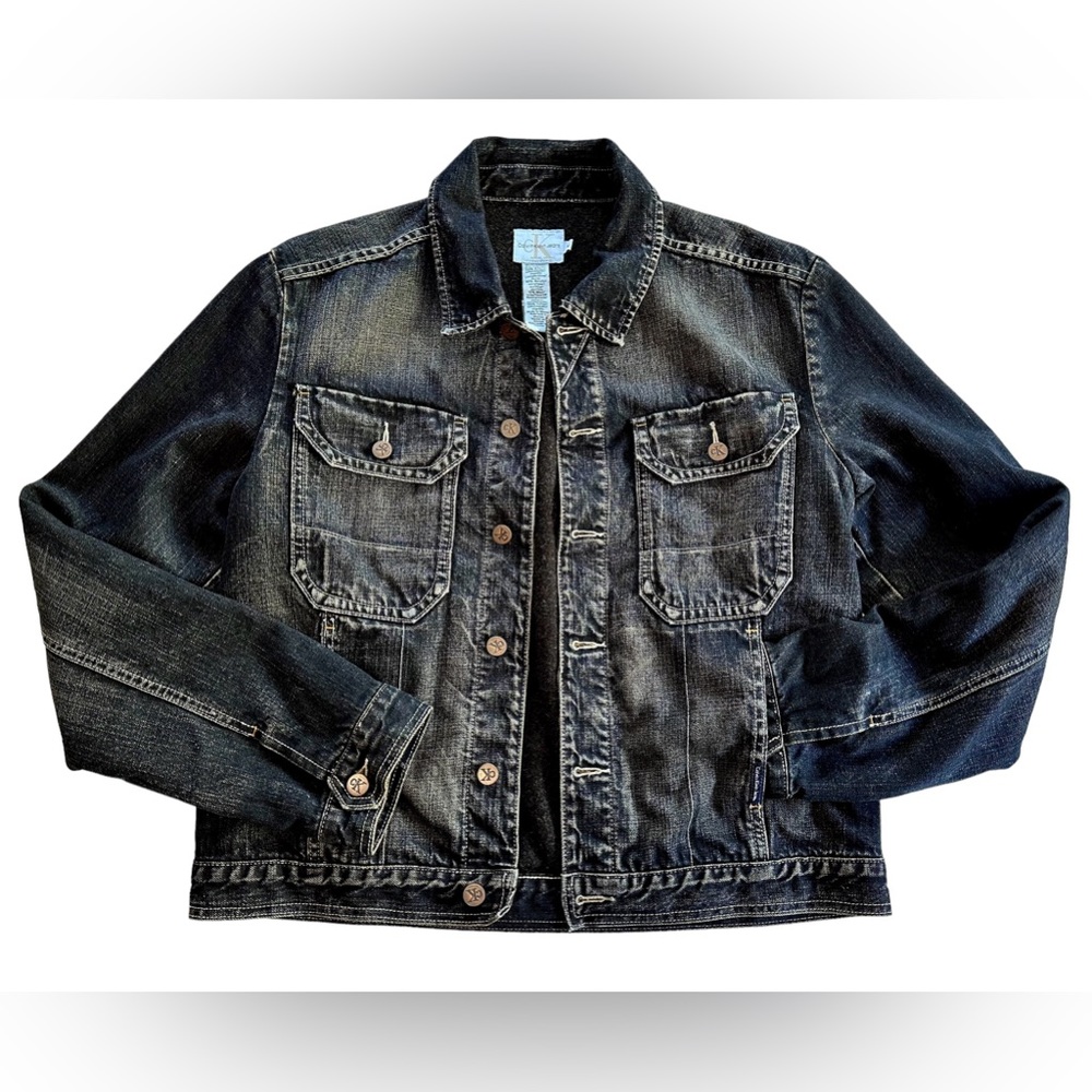 Calvin Klein Mens Trucker Jean Jacket Size M Grunge Indigo Denim Distressed Wool